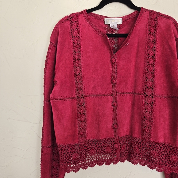 Vintage Suede Leather Crochet Rasberry Pink Jacket - Picture 6 of 12